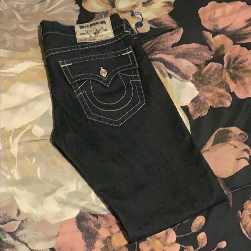 True religion white stitch blue skinny jeans
